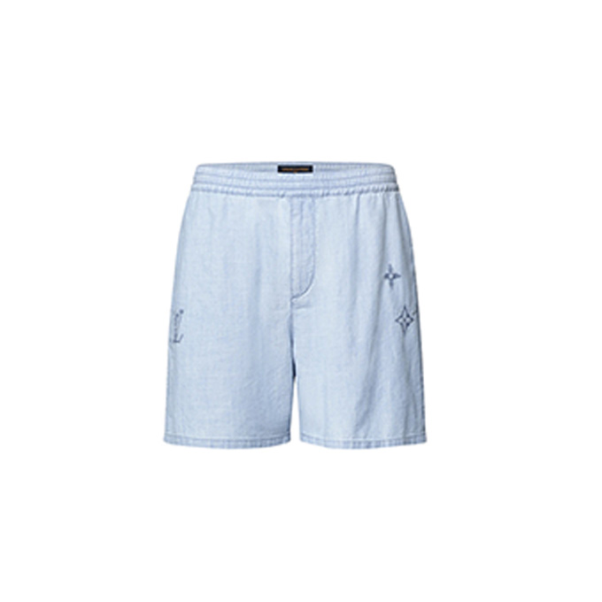 louis vuitton embroidered monogram chambray drawstring casual shorts